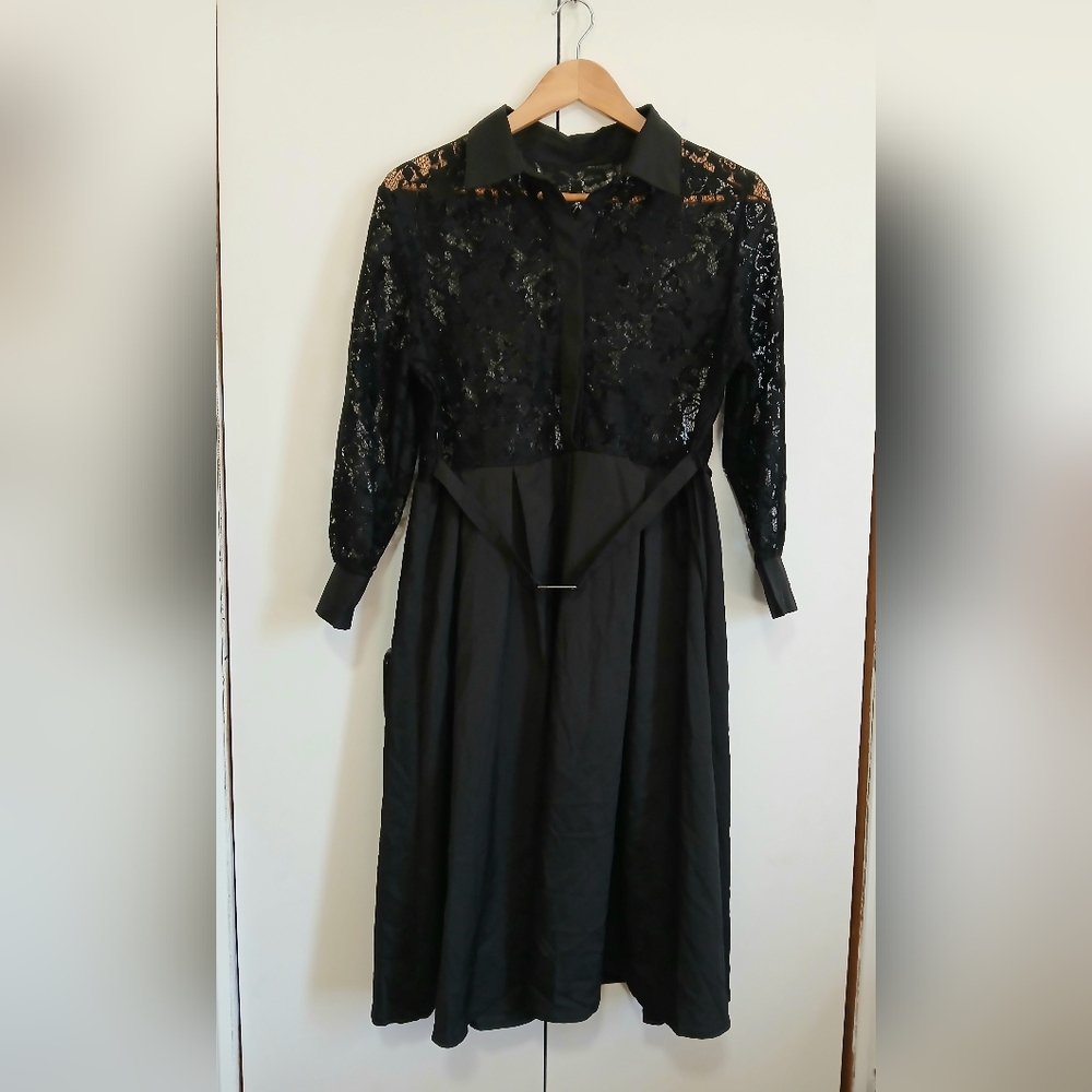 Black Lace Bodice Button Down Dress Large Sheer Goth Corporate Goth